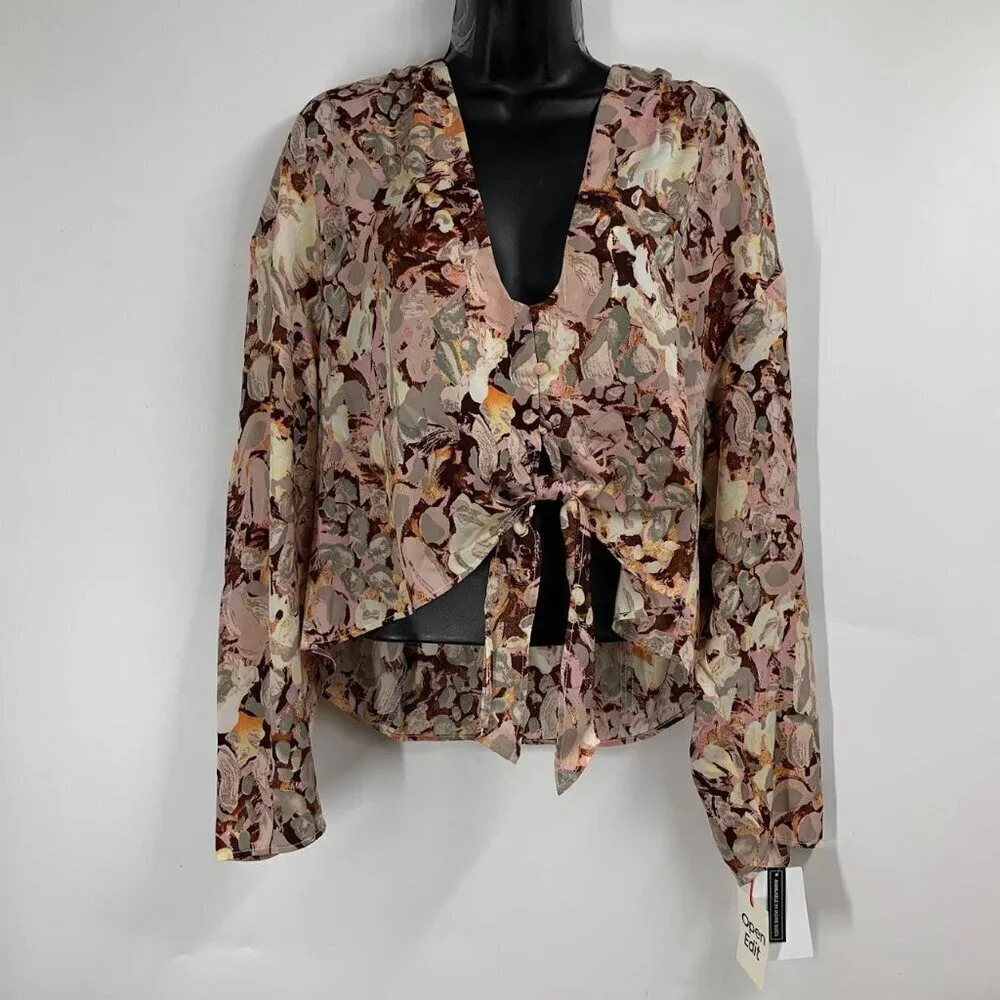 Open Eidt Women's Cropped Floral‎ Long Sleeve Sheer Button Top Size 1X NWT